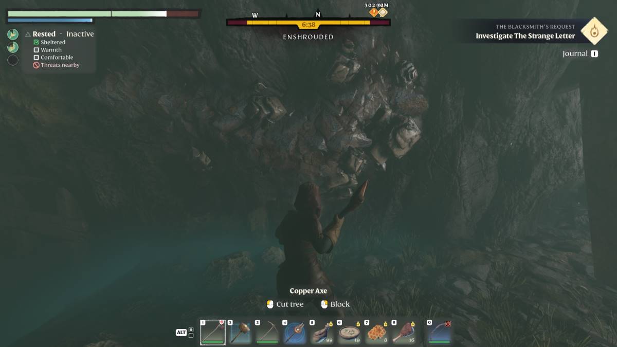 The player standing before a Salt deposit in Enshrouded