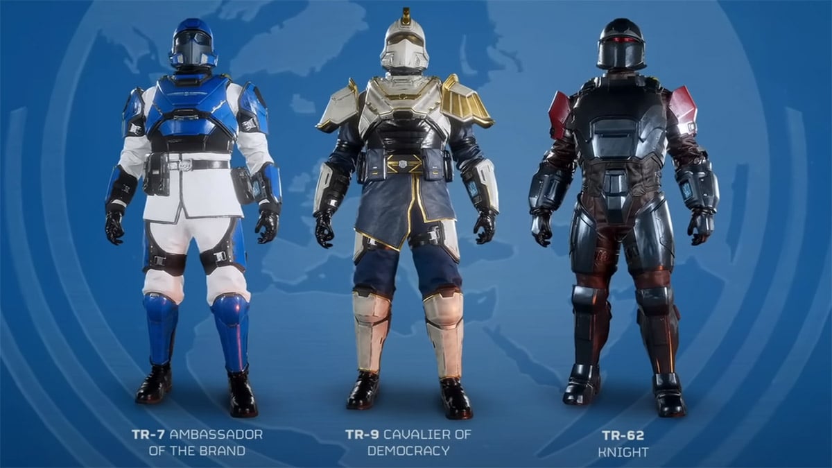 three futuristic tactical armors in helldivers 2 where the left one sports blue and white colors, the middle one gold and back, and the right one black and red