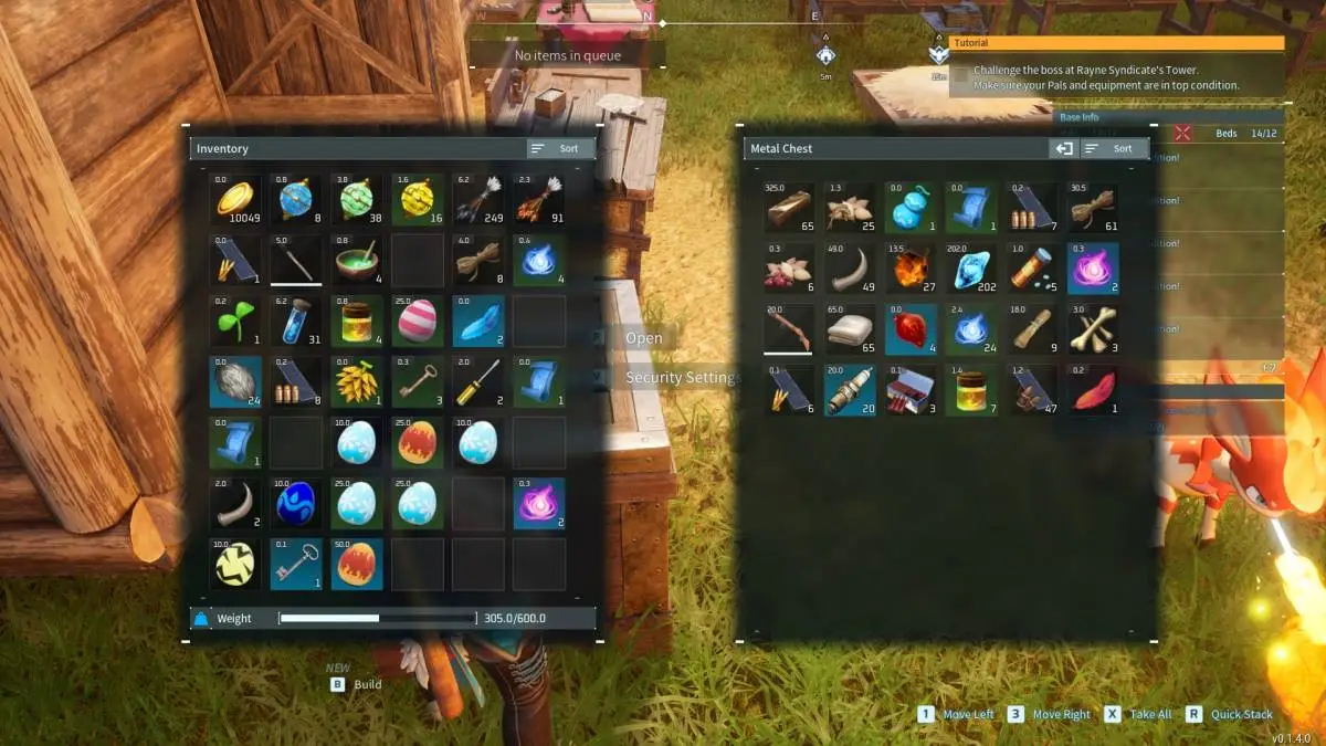 The player's inventory and a chest open in Palworld
