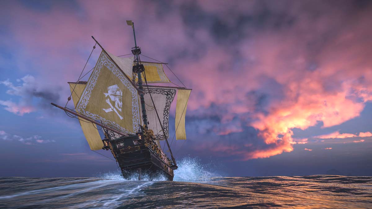 Pirate ship travels into the dusky horizon