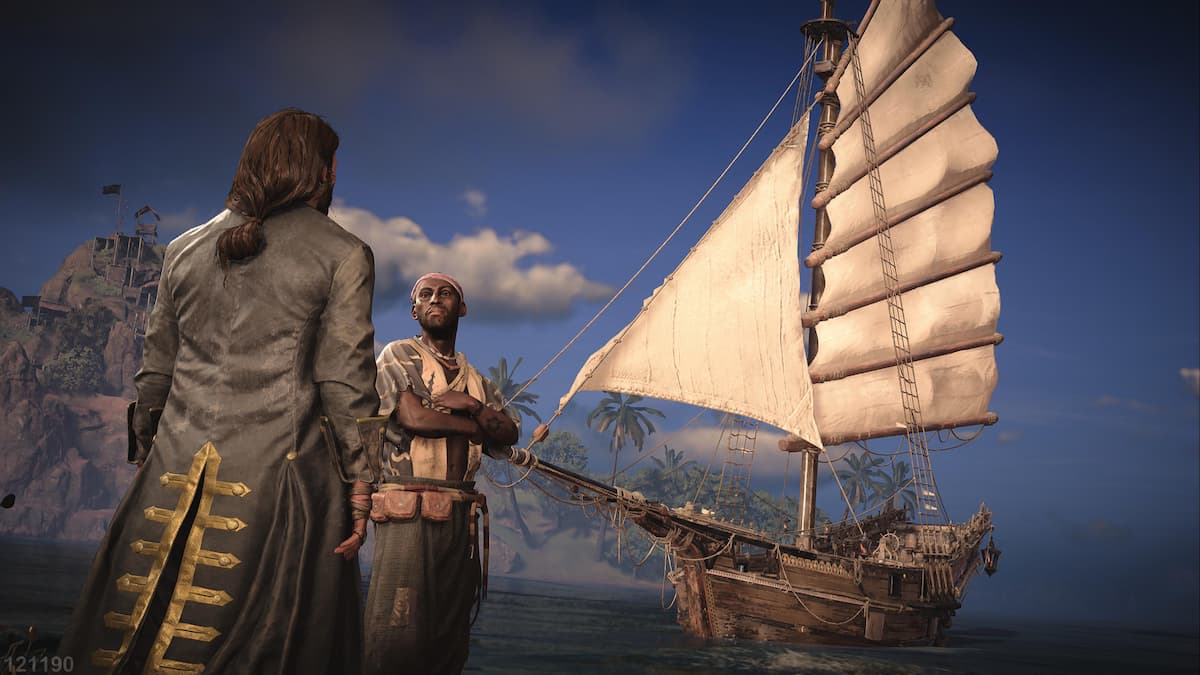 two pirates talking by a ship