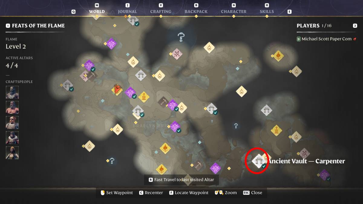 A map of the Carpenter Vault location in Enshrouded