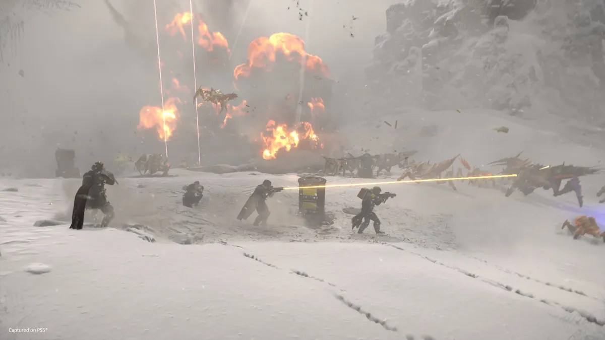 futuristic soldiers in tactical armor shooting an alien creatures in a snowy biome