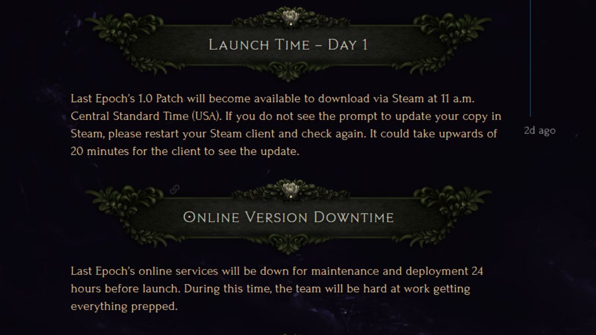 Last Epoch forum screenshot with downtime.