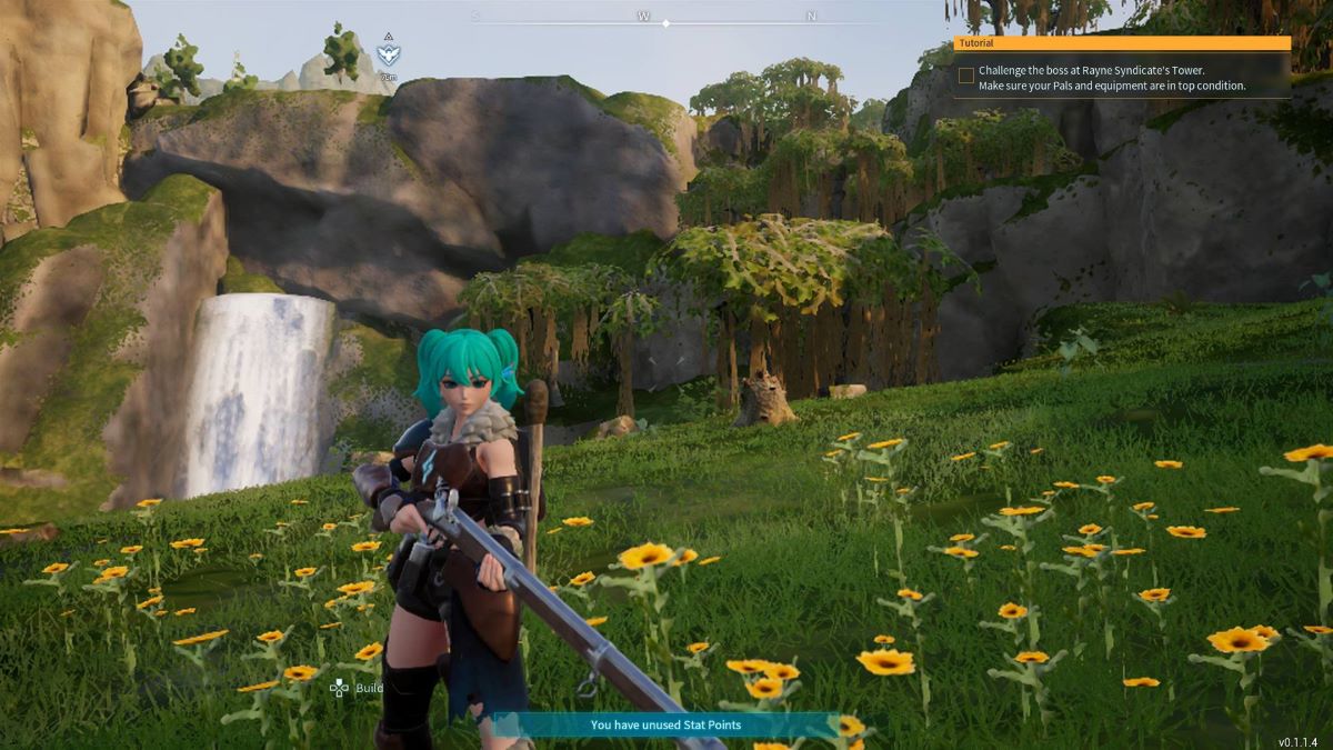 Player stands near a waterfall in Palworld
