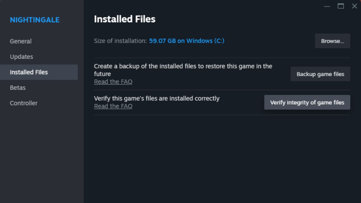Verify integriy of game files in steam for nightingale.