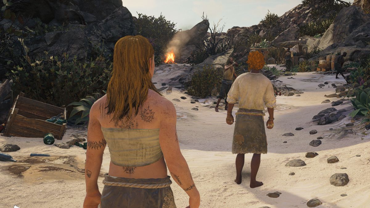 Skull and Bones character standing behind another character on an island.