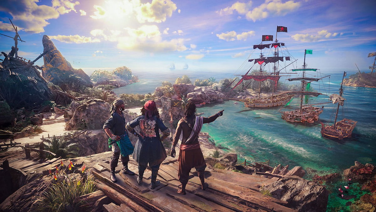 three pirates pointing toward the sea