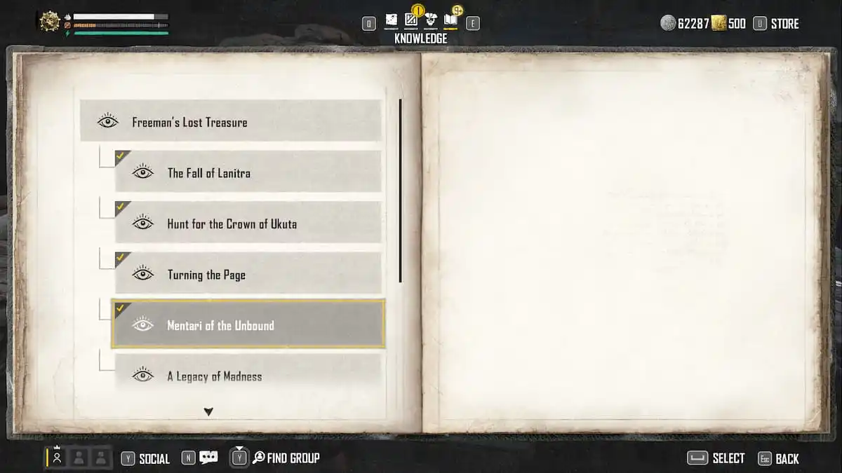 Freeman's Lost Treasure Investigation menu.