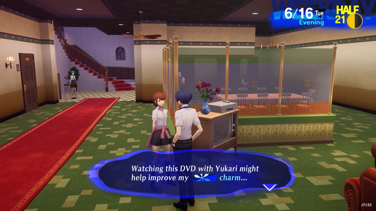 Persona 3 Reload characters conversing about watching dvd.