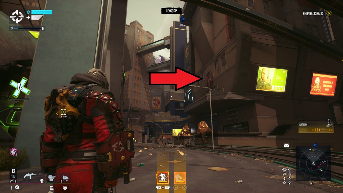 Deadshot standing in the street between tall buildings.