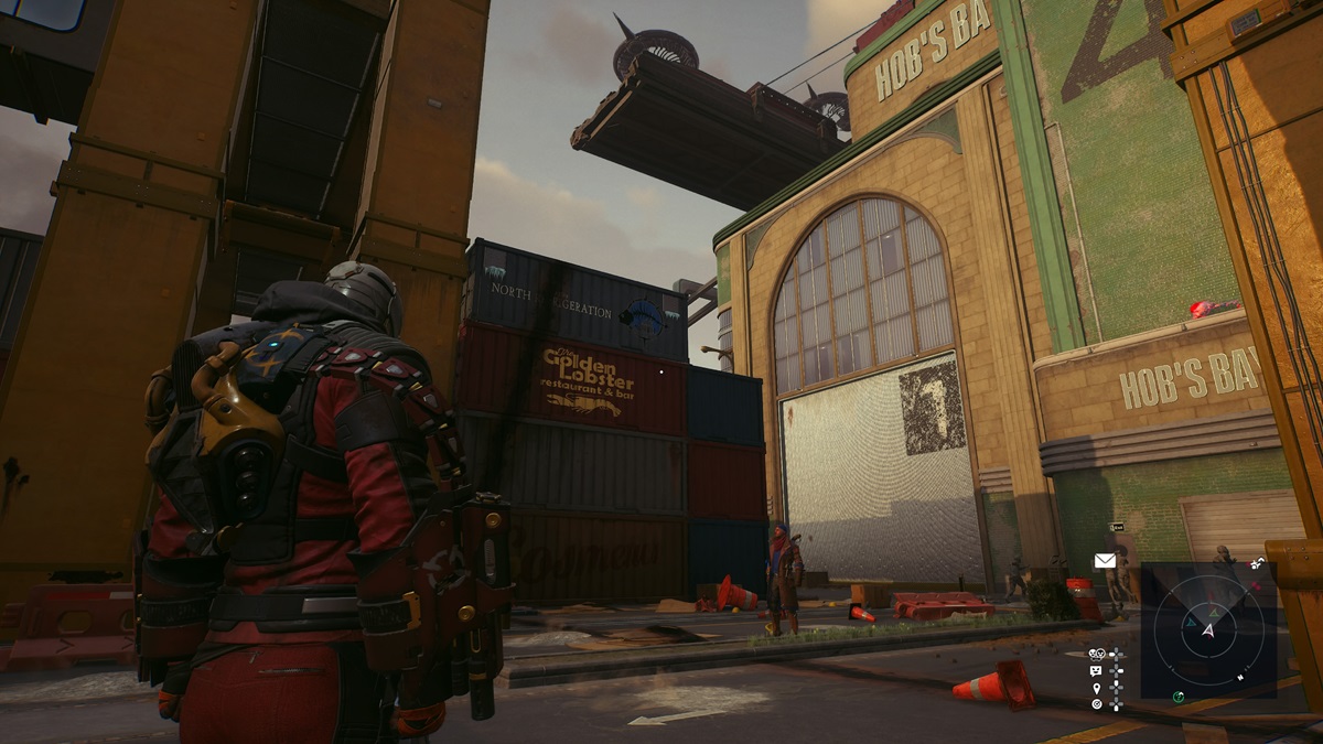 Deadshot looking at a blue shipping container at the docks for the riddle solution.