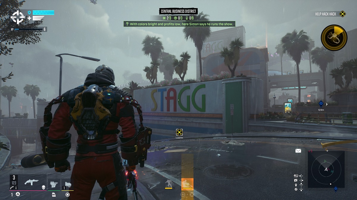 Deadshot standing the street facing the yellow, blue, red, and green STAGG sign.