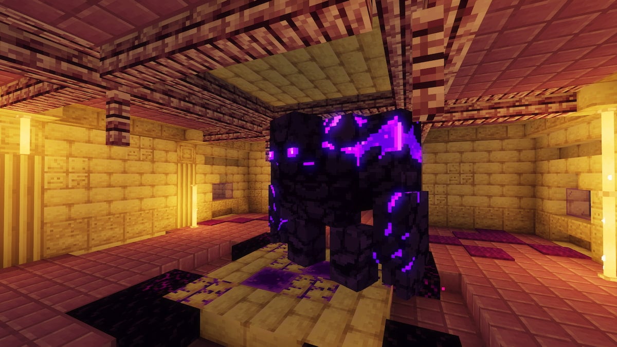A large purple Elder Golem from the L_Ender's Cataclysm Minecraft mod.