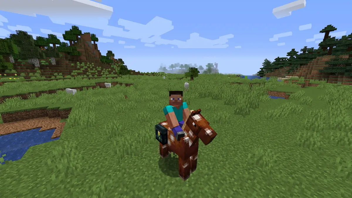 A Minecraft player with an Elder Chest equipped to their horse.