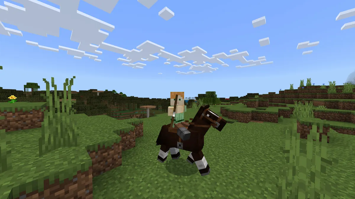 A Minecraft player holding a bow while riding a horse.