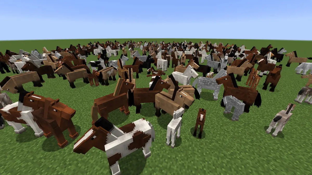 A massive herd of horses in Minecraft using the Realistic Horse Genetics mod.