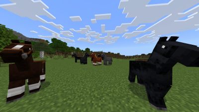 A group of Horses walking on grass in Minecraft.
