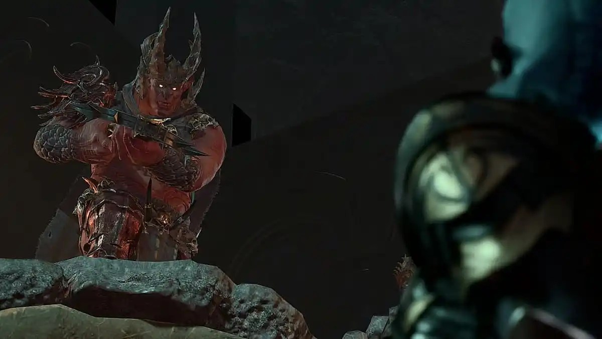 a horned demonic entity on a cliff looking down at the player