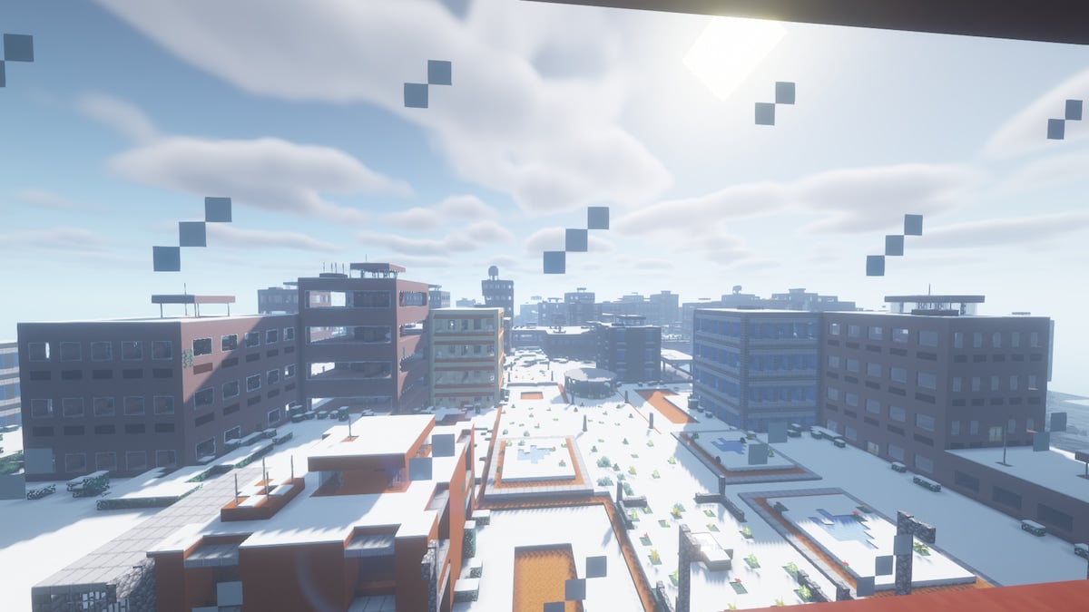 A view of a snoy city from a window in the Menethis' Zombie Apocalypse mod.