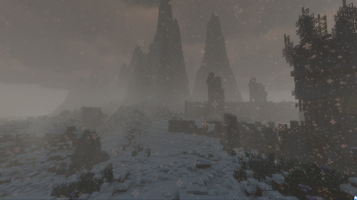 A snowy biome in The Winter Frontier Minecraft mod.
