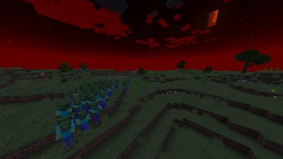 A horde of Minecraft zombies against a red sky.