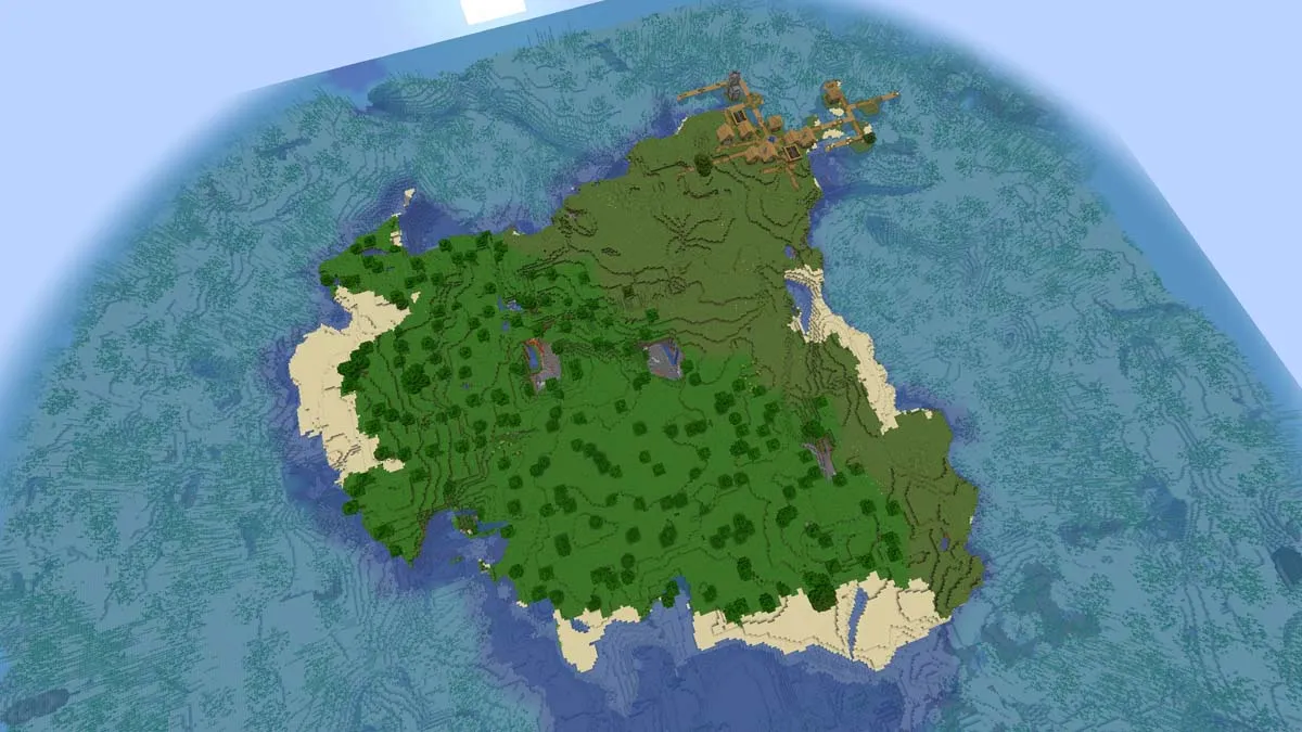 Sparse jungle island village at spawn in Minecraft