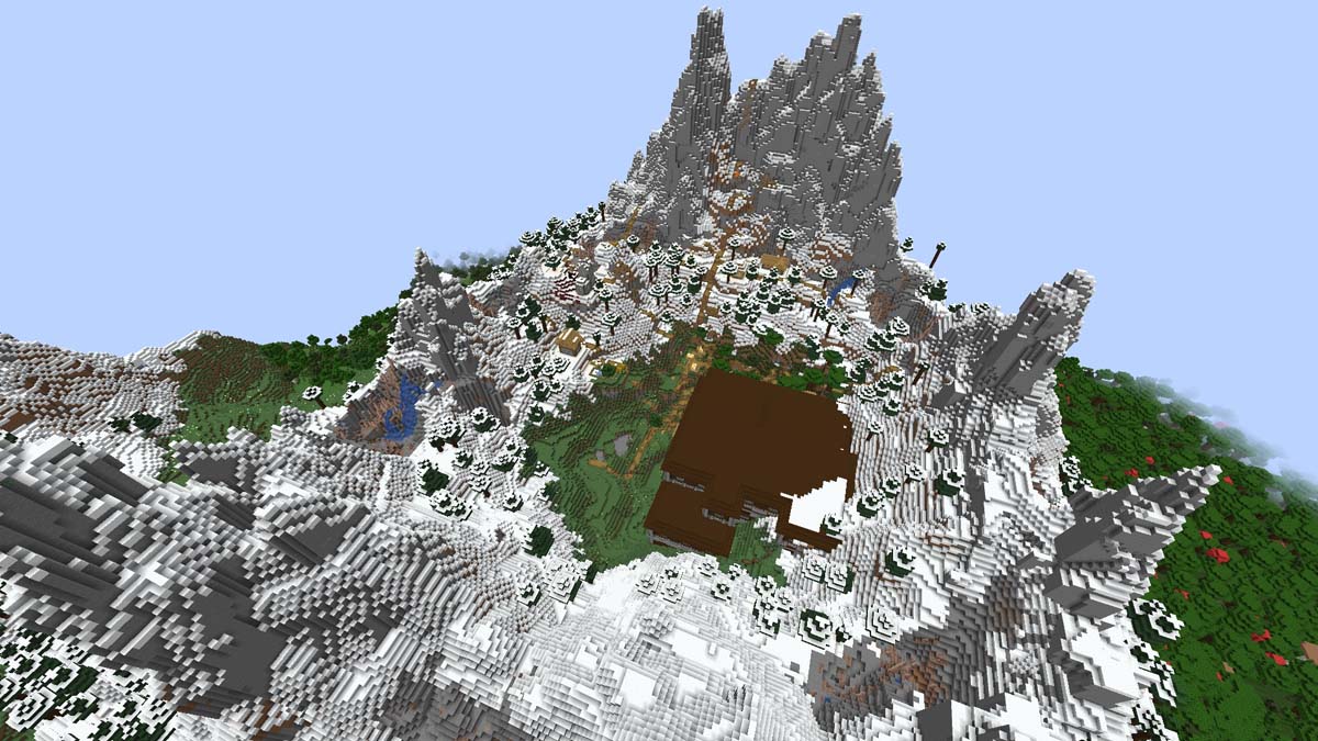 Ring mountain mansion and village at spawn in Minecraft