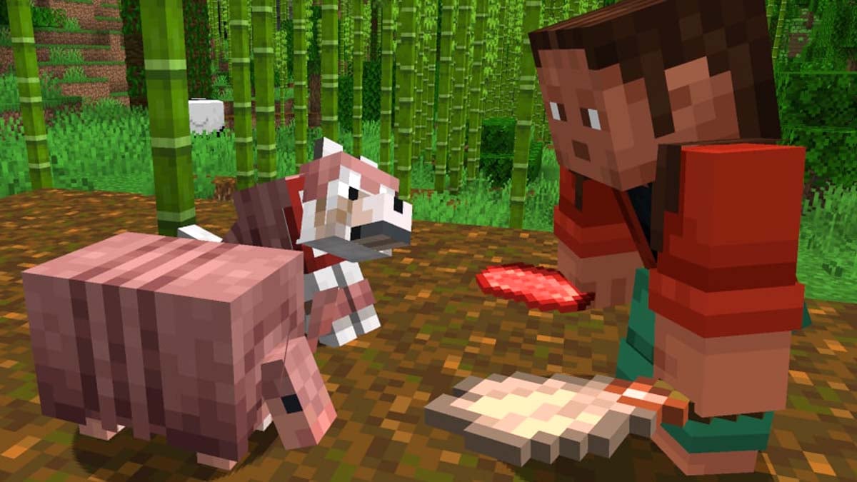 Steve feeds his pet wolves in Minecraft