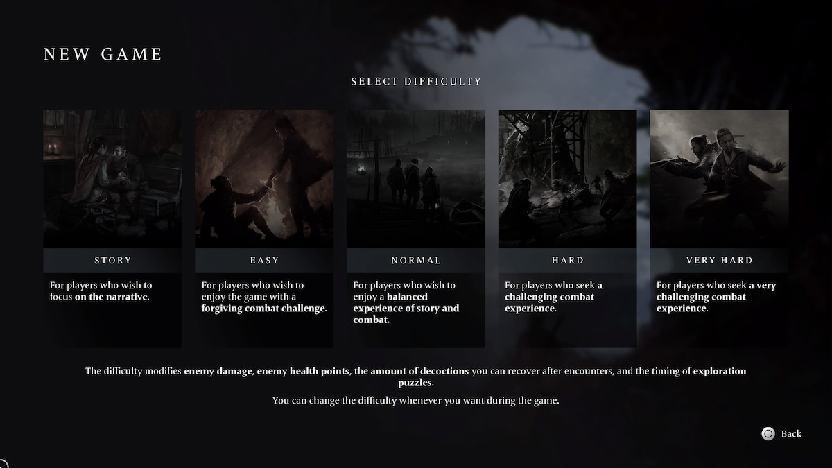 the difficulty setting menu in banishers ghosts of new eden presenting five options