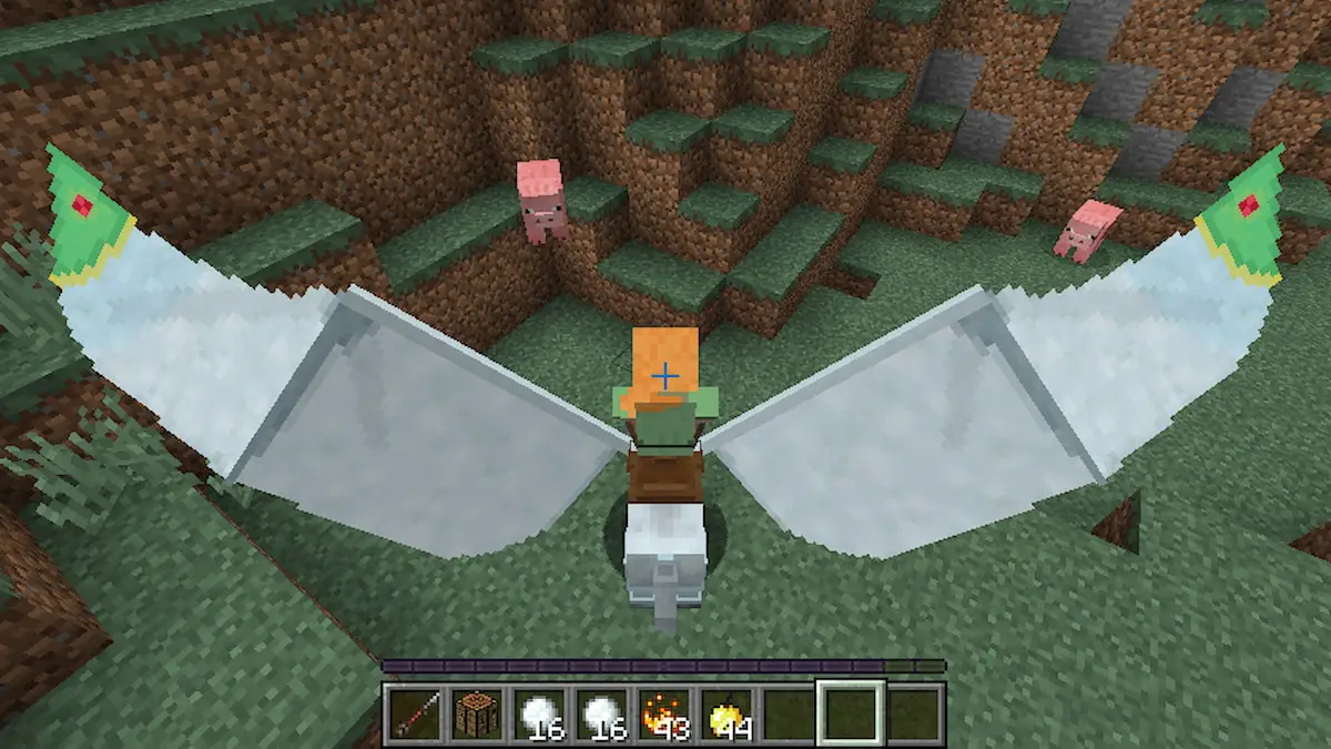 A Minecraft player riding a winged horse.
