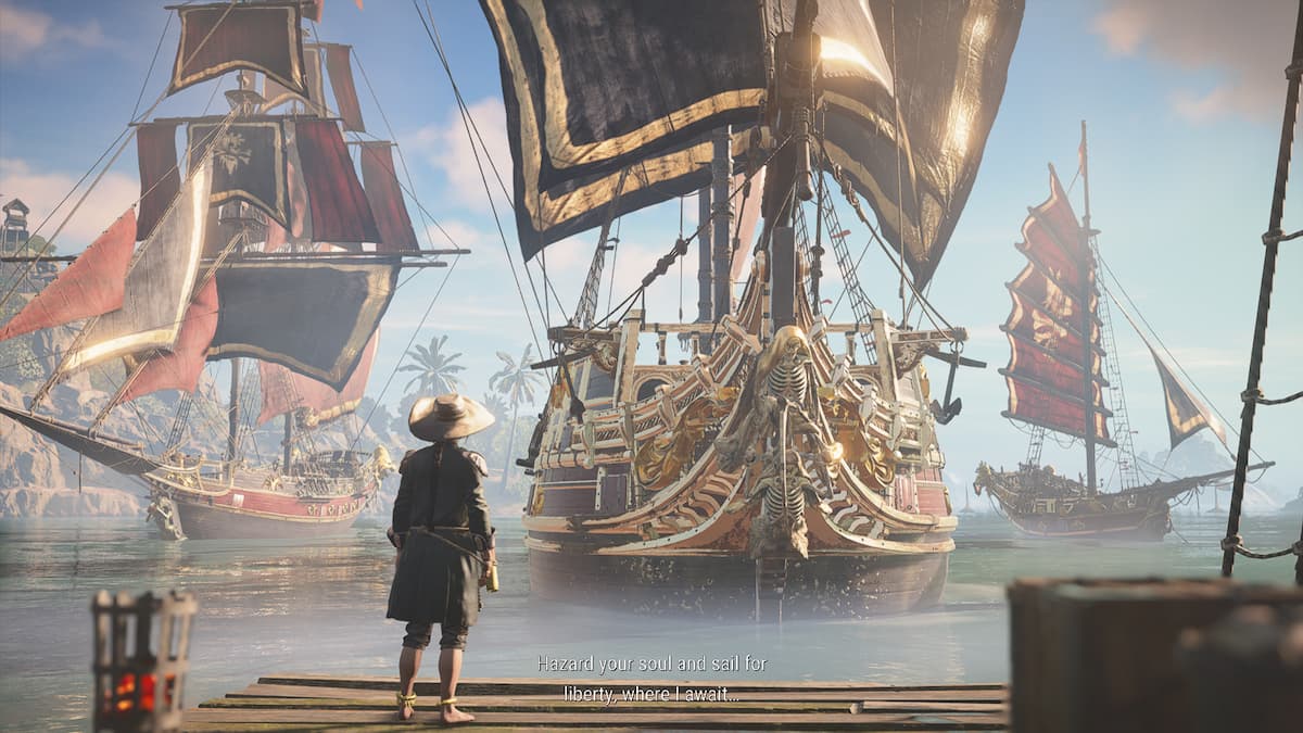 Character standing in front of a fleet of ships.