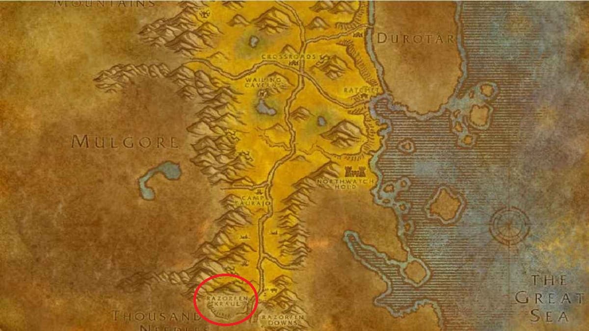 Razorfen Kraul location circled on the Barrens map