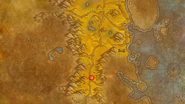 A map of the barrens with the burned out remains location circled in WoW SoD