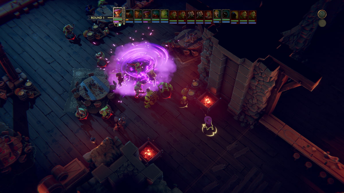 whimsical purple spell explodes on orcs in dungeons of naheulbeuk