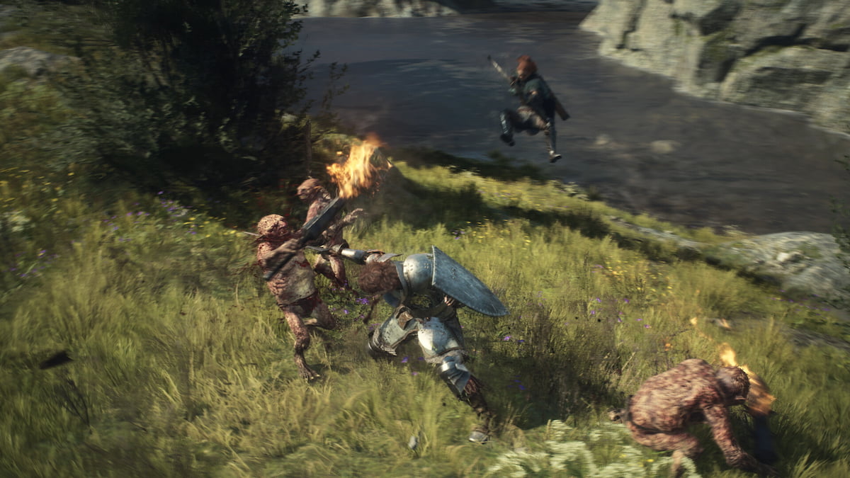 dragons dogma 2 fighter clashing with goblins