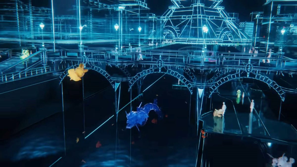 Pokemon and trainers gather near a waterway in Lumiose City of Pokemon Legends Z-A