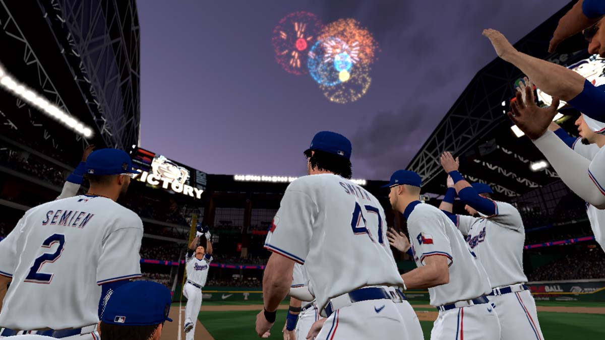 Baseball players watching fireworks in MLB the Show 24