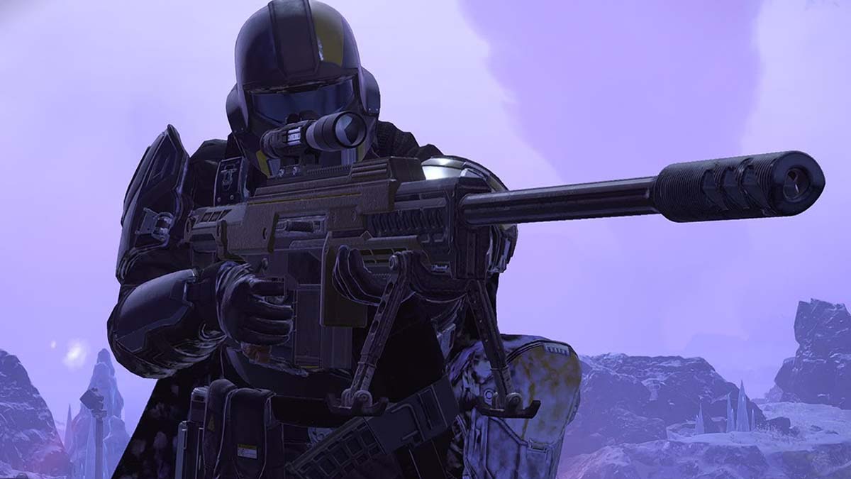 Heavily armored character aims his weapon in Helldivers 2