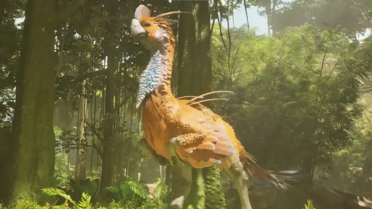 Orange Gigantoraptor in the forest.