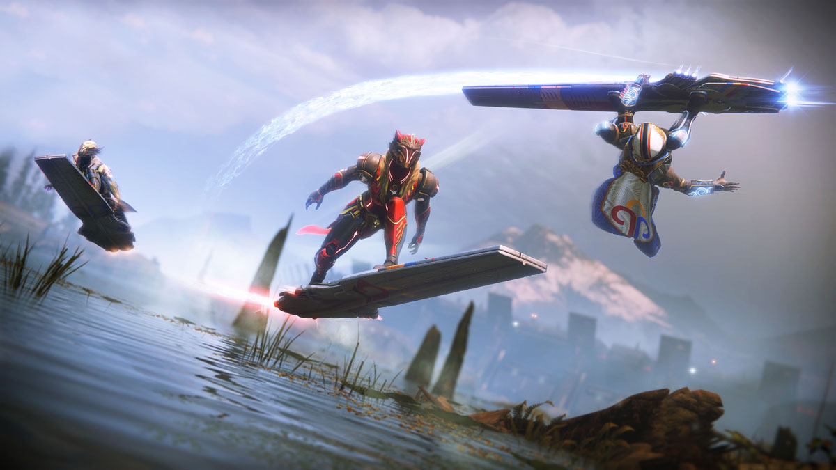 Three guardians ride the hoverboard skimmers in Destiny 2