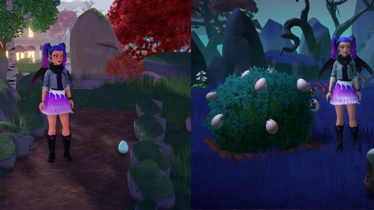 Two images of player collecting egg from ground and eggs from bush