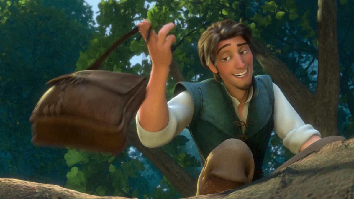 Flynn Rider from Tangled holding a satchel and smiling