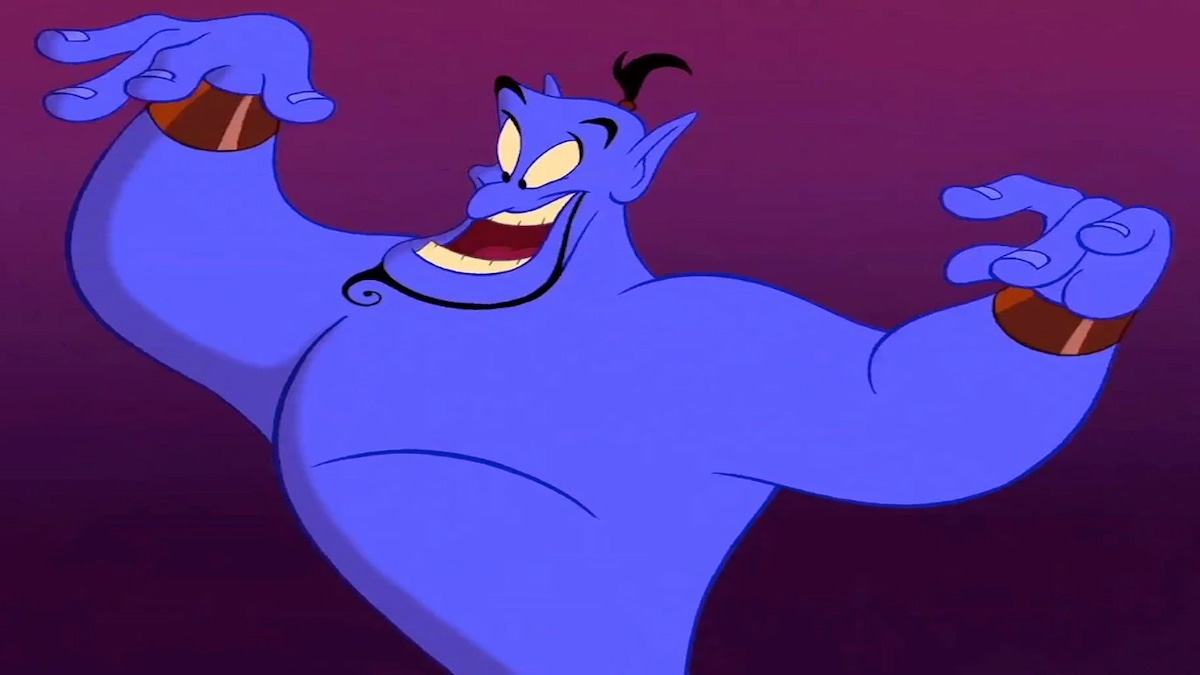 Genie from Aladdin with arms up on a red background