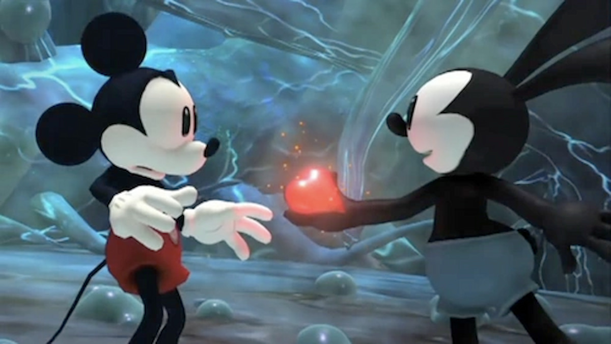 Oswald the Rabbit holding glowing red heart out to Mickey