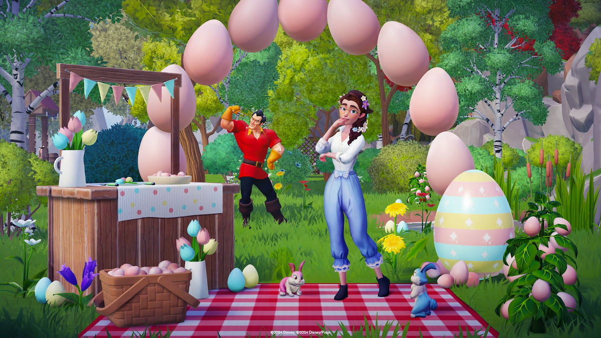 Easter decor laid out in valley, egg stand, egg, banner, colorful rabbits, player standing underneath and Gaston in the background