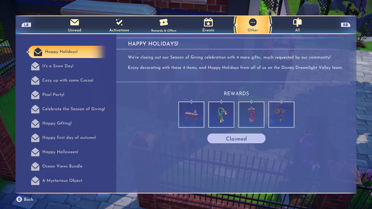 Mailbox menu with mailed rewards from the season of giving event