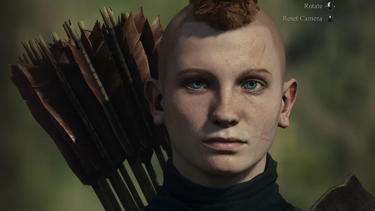 Atreus from God of War, arrows in quiver behind him, young face, shaved mohawk hair, blue eyes, and scars