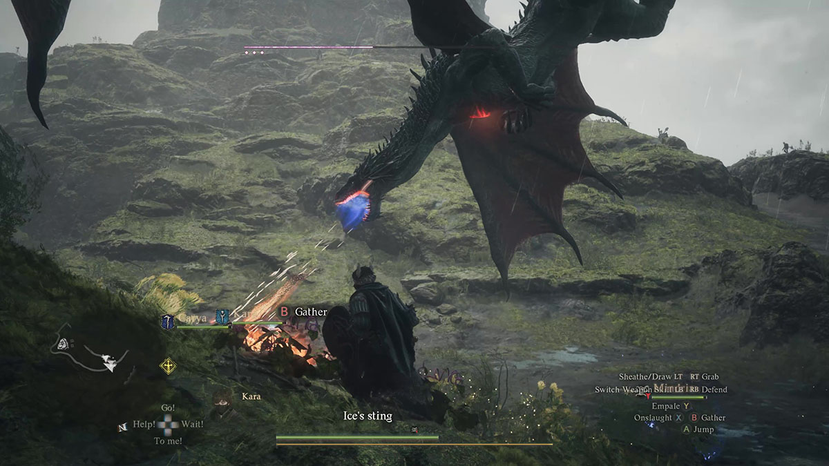 A drake breathing fire from the air in Dragon's Dogma 2