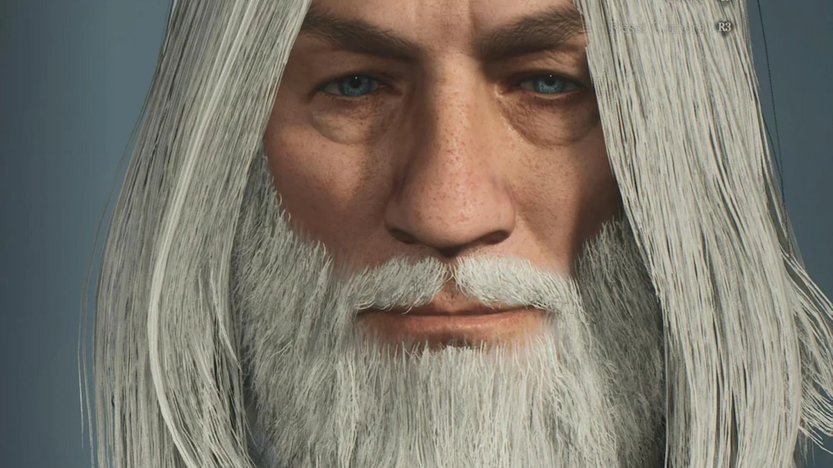 Close up of a character that looks like Gandalf from Lord of the Rings. Longer white hair that falls on either side of his face, mature looking face with blue eyes, large nose, and a white beard to match his hair